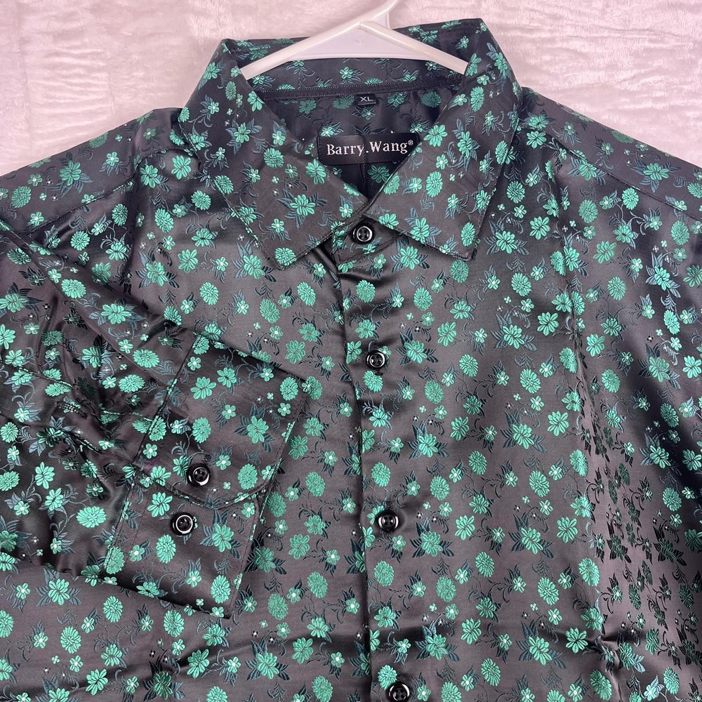 Barry Wang Shirt Mens XL Black Green Floral Long Sleeve Button Up
